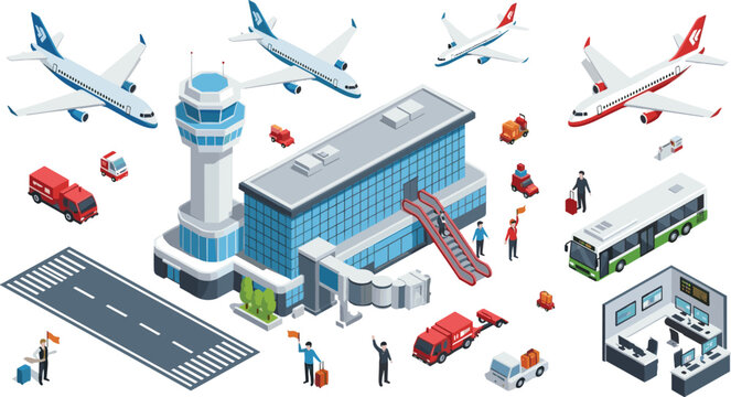 Airport Isometric Set with Terminal Building, Control Tower, Airplanes, Runway and Ground Transport Vector Illustration