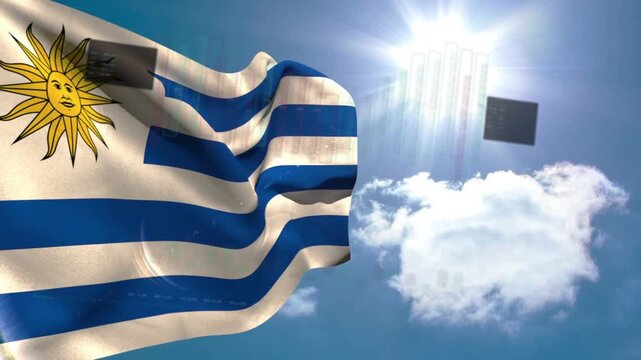 Gusting wind initiating flag motion, Uruguay flag rippling and rotating, sun casting shifting glare
