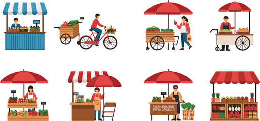 Naklejka premium Street Market Stalls and Vendors Set in Flat Style, Collection of Farmers Market, Fresh Produce, Food Carts and Outdoor Retail Vector Illustration