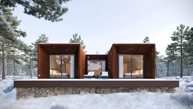 Ultra Minimalist Modular Retreat Villa With Dark Cube Volumes, Rustic Stone Retaining Wall, Cantilevered Hardwood Deck And Wild Mediterranean Landscape Surroundings (AI-Generated)