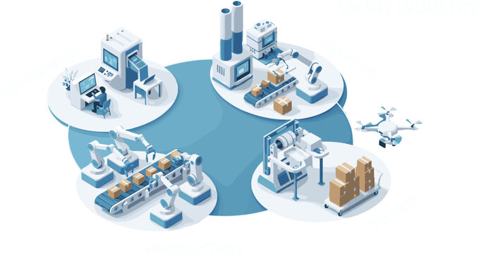 Smart Industry 4.0 Isometric Concept, Automated Manufacturing, Robotics, Logistics and Production Systems Vector Illustration