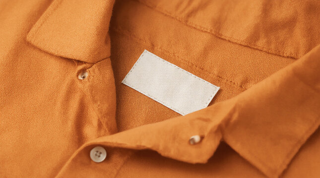 White blank clothing tag label on brown linen shirt fabric texture background