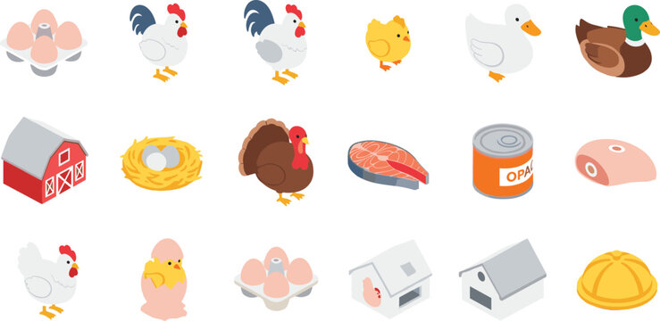 Poultry Farm and Food Icons Set in Flat Style, Collection of Chicken, Duck, Eggs, Meat, Barn and Agriculture Elements Vector Illustration