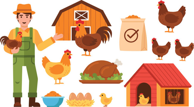 Farmer and Chicken Farm Elements Set in Flat Style, Collection of Poultry, Eggs, Coop, Feed and Roasted Chicken Vector Illustration