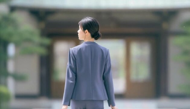 学校の門の前に立つママの背中 落ち着いた色味のセレモニースーツ