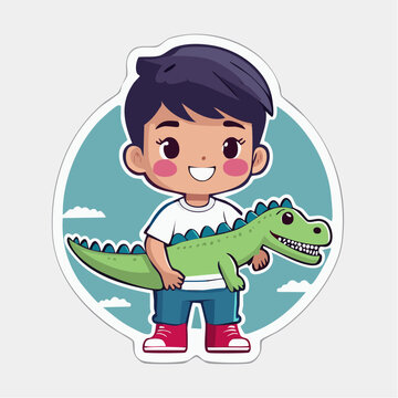 Cute Cartoon Boy Holding a Green Dinosaur Toy