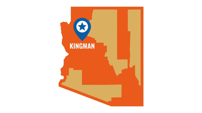 Arizona state map with pinpoint kingman location marker and geographic outline