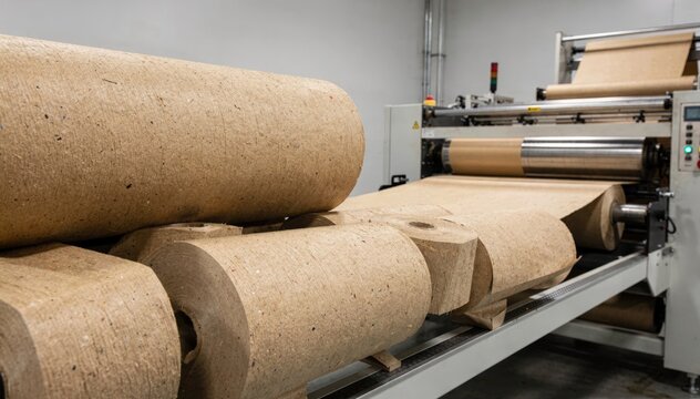 Tinted recycled kraft paper rolls in medium frame seamlessly feeding into bag converting machines highlighting sustainable packaging innovation and material texture.
