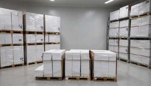 Medium shot of climatecontrolled storage room showcasing neatly stacked palletized paper reams under regulated temperature and humidity. Medium shot capturing open cartons filled