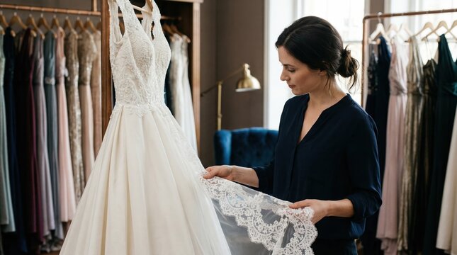 Client examining various formal gowns on a rack with the emphasis on the delicate lace trim of a ball gown in hand set against a subdued background with other dresses softly