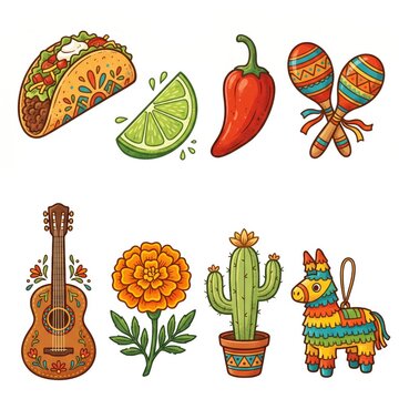 Colorful Mexican cultural icons including taco, maracas, pinata, and cactus on a white isolated background.