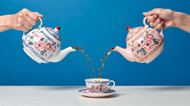 Vintage Floral Teapots Pouring Tea Into Porcelain Cup on Blue Background