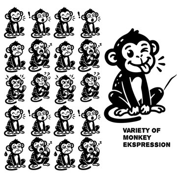 Cartoon monkey character collection showing various facial expressions and emotional reactions in vector style