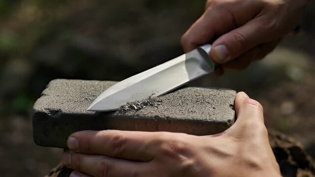 Sharpening a metal knife on a rough stone surface, creating fine metal dust from the blade