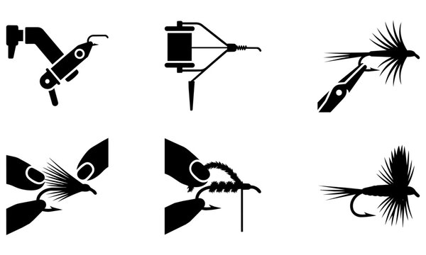 black fly fishing lures and tools for tying on white background