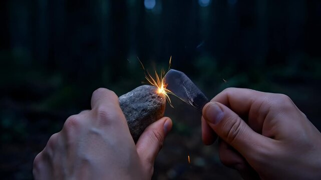 Striking a spark with flint and steel, igniting a flame for survival or camping in the wilderness