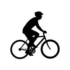 Obraz premium Silhouette of a cyclist wearing a helmet riding a bicycle on a white background.