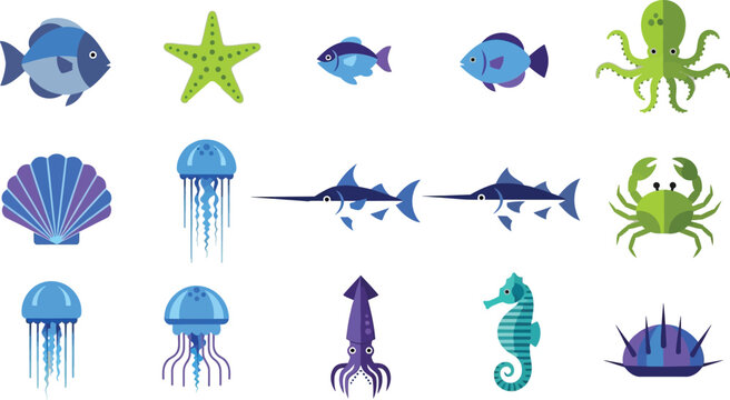 Colorful underwater sea creatures illustration pack Vector