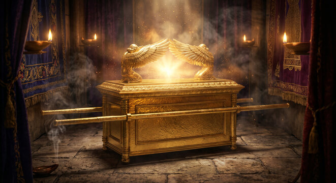 Ark of the Covenant in the Holy of Holies with Golden Cherubim Wings and Divine Shekinah Glory Light Between Them, Sacred Biblical Tabernacle Scene with Burning Oil Lamps and Embroidered Curtains.