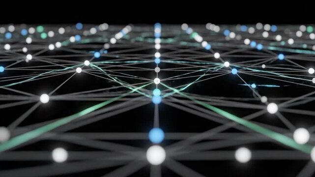 A futuristic network visualization with glowing nodes and interconnected lines on a dark background, representing complex systems and data exchange.