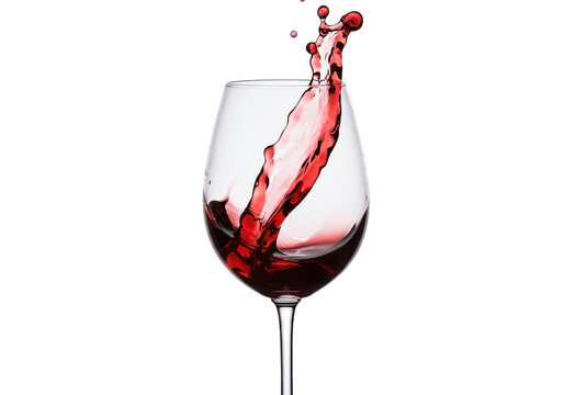 Elegant crystal wine glass with dark ruby red wine mid-swirl, dynamic rising liquid wave, razor-sharp focus on transparent studio background, dramatic high-key lighting, premium advertising concept