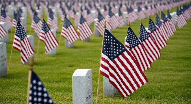 Rows of american flags placed at a military cemetery to honor fallen soldiers on memorial day