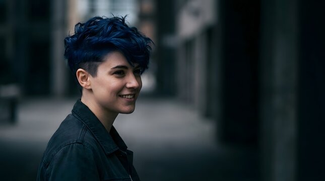Young person with vibrant blue hair and short undercut smiling outdoors in urban setting