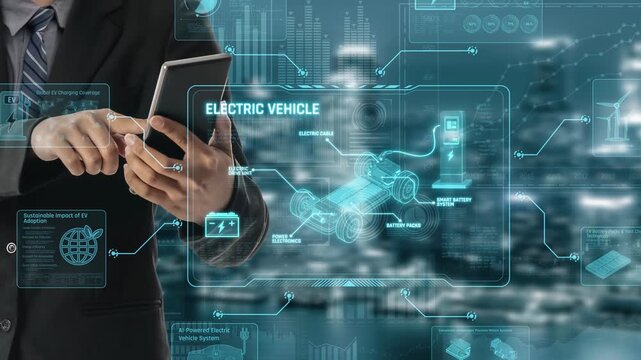 Technical layout of electric vehicle showing battery system, power control, traction motor, charging interface, and integration with renewable and smart energy sources Marrow