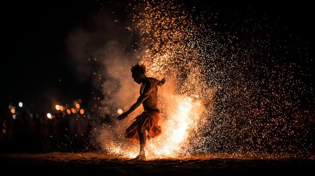 Man dancing under fire, dynamic scene with dramatic flames and movement.