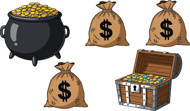 Illustration of treasure with gold coins and money bags Vector