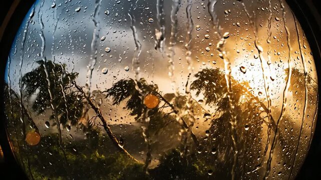 Breathtaking 4k cinematic first-person POV of a violent typhoon through a rain-streaked window capturing dynamic motion blur and golden hour light for professional adventure