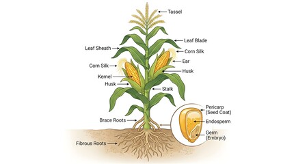 Fototapeta premium Detailed Colorful Illustration of Corn Plant with Anatomical Parts Showing Its Details