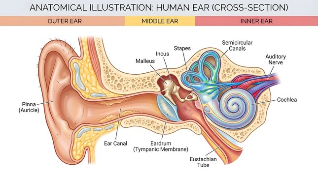 Detailed Medical Illustration of Human Ear Cross Section with Labeled Anatomy