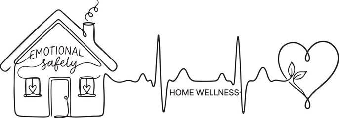 Fototapeta premium Minimalist One Line Art of House and Heartbeat for Emotional Safety and Home Wellness Concept, Mental Health and Sanctuary Illustration