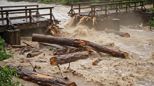 High-definition 4k cinematic slow motion slow dolly push-in view of a massive flash flood sweeping away a wooden bridge amid debris. This dramatic cinematic sequence captures the