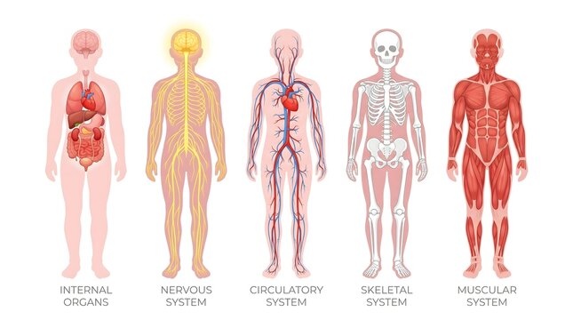 Detailed Flat Human Anatomy Systems Educational Diagram with Internal Organs