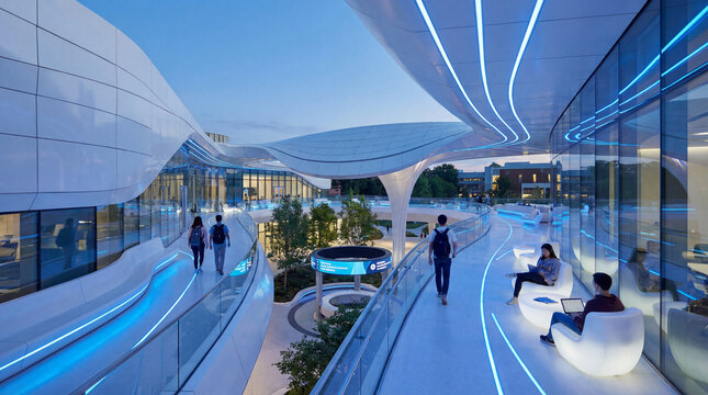 Modern University Hub with Organic Flowing Curves and Sleek White Corian Surface Finishing Details