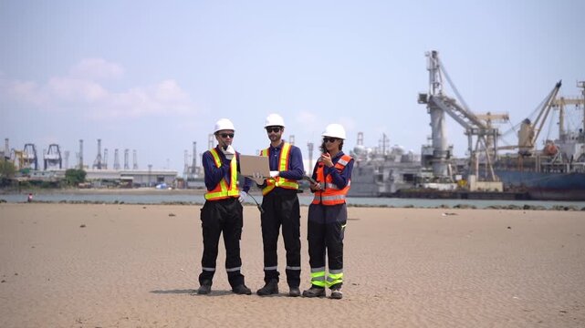 A group of engineers, wearing safety suits and helmets, are examining data on laptops in a shipyard and port area, with cranes and large ships in the background.