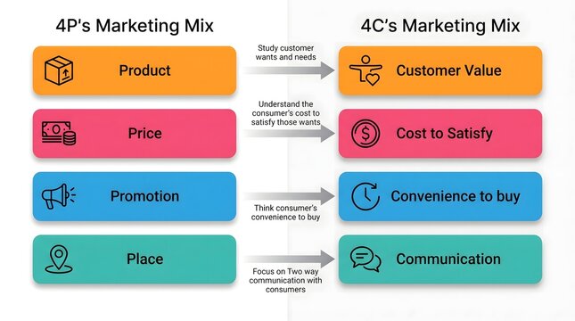 Minimalist Diagram Illustrating the 4Ps and 4Cs of Marketing Mix Strategy