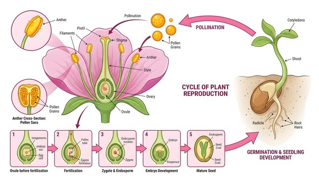 Detailed Scientific Diagram of Plant Reproduction Cycle with Labeled Parts Illustration