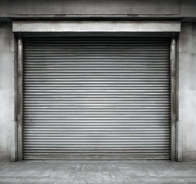 A closed, metal, corrugated, security storefront or garage door