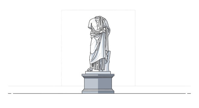 Ancient headless marble statue of a Roman or Greek man in toga, on pedestal, white background