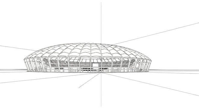 Architectural vision Detailed wireframe rendering of a futuristic domed building, highlighting its modern design, structural complexity, and innovative engineering blueprint on a clean background