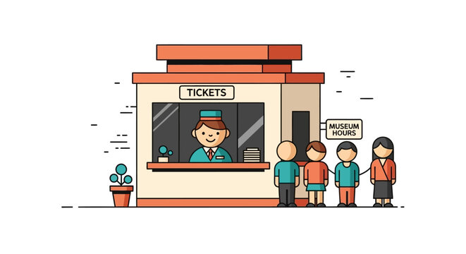 People Queueing at Museum Ticket Booth with Attendant