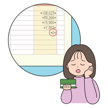 0円の預金残高を見て悲しい表情の女性
