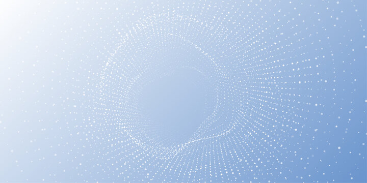 Abstract white particle swirl on blue gradient background, big data, AI, digital technology dots pattern for science, web and business presentation design