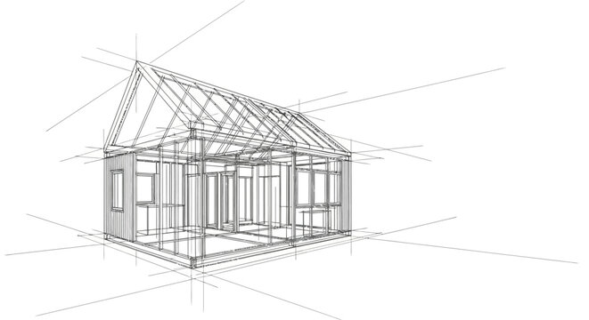 Architectural sketch of a house under construction, showcasing framing and structural elements in a monochrome line art style