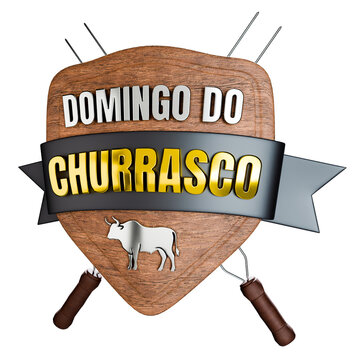 Selo 3D domingo do churrasco com t&aacute;bua de madeira e espetos de carne