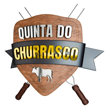 Selo 3D quinta do churrasco com t&aacute;bua de madeira e espetos de carne