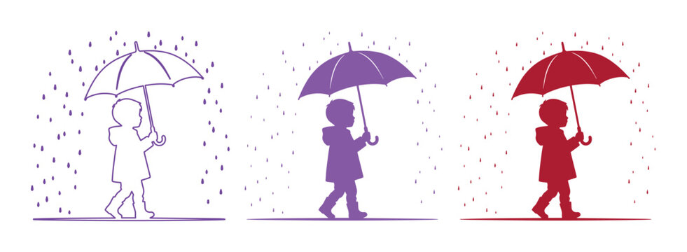 Child with Umbrella Vector Set, three colorful children walking in rain, simple weather icon collection, kids protection from bad weather, childhood concept illustration isolated on White